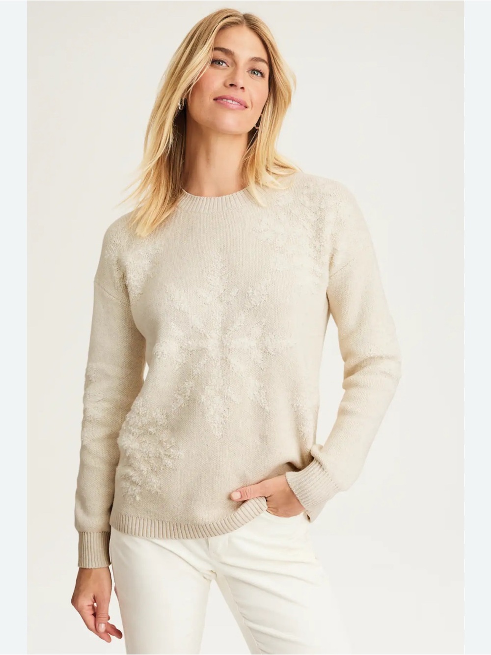 J. Jill Cream Crewneck Sweater with Subtle Snowflake Texture